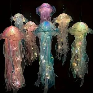 NWT! LED Light Up Hanging Jellyfish with Sheer Fabric, Ribbon and Faux Pearls!